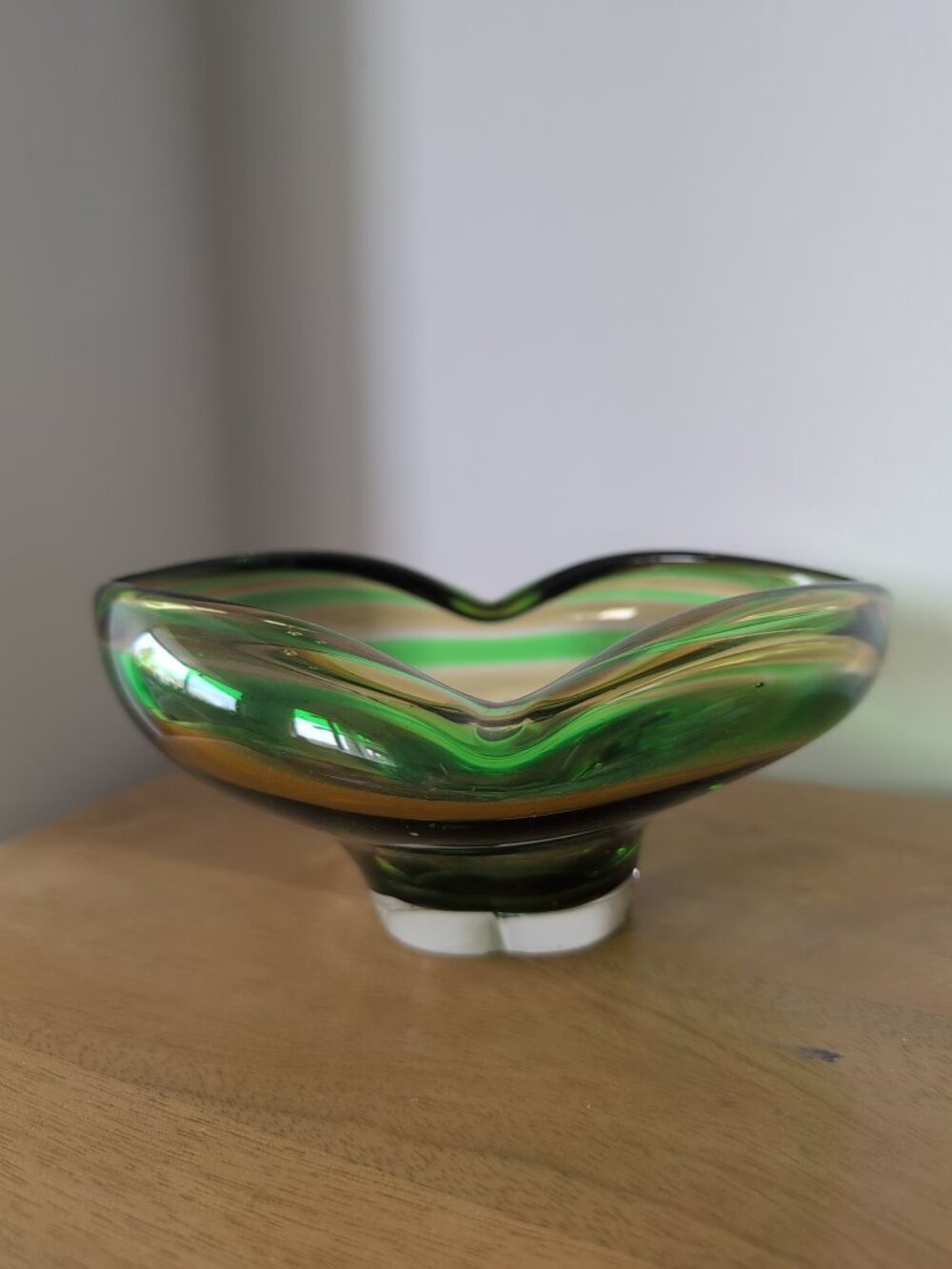 Vintage Murano Sommerso Hand Blown Art Glass Bowl Mid Century MCM Striped Green